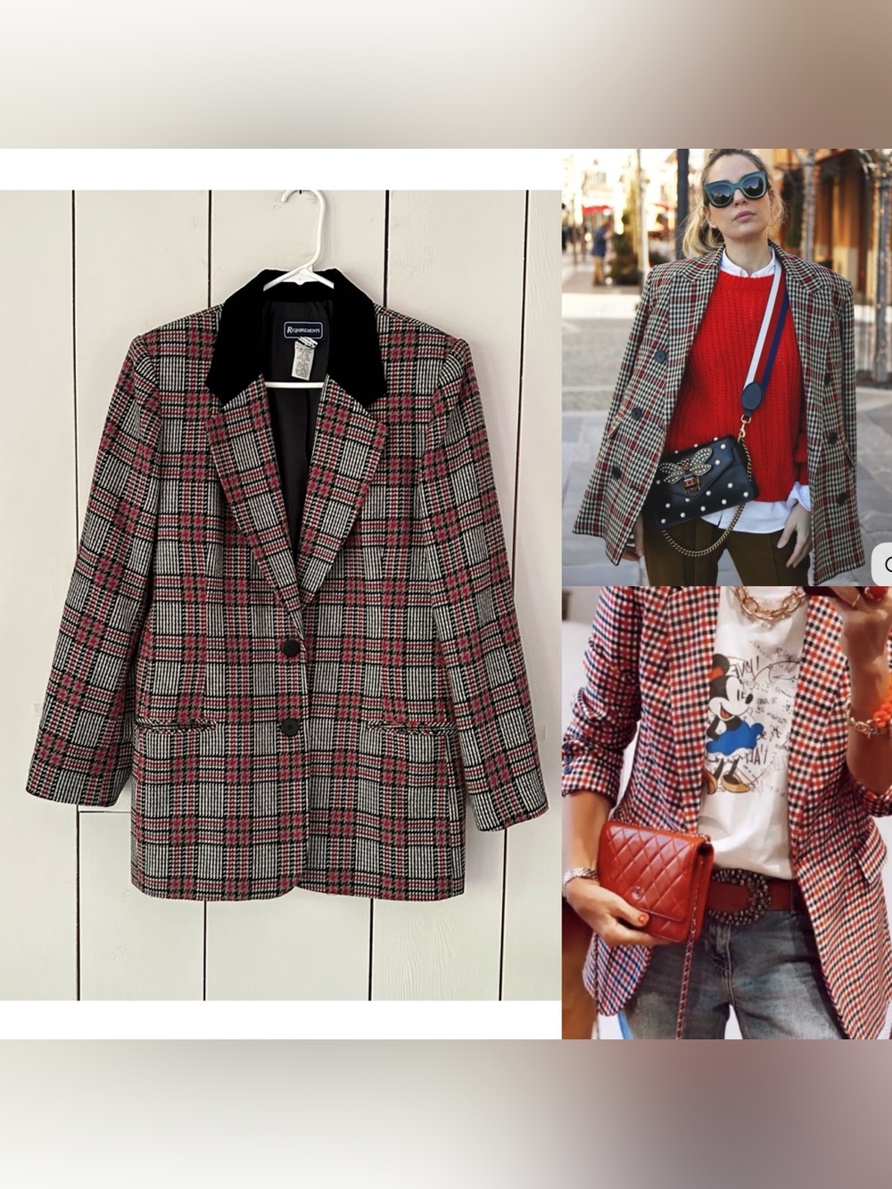 Vintage 90s Houndstooth Blazer Sz 8 2 Button Closure Velvet Collar